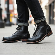 Men's Ankle High Black Leather Casual Boots - model-walking-street