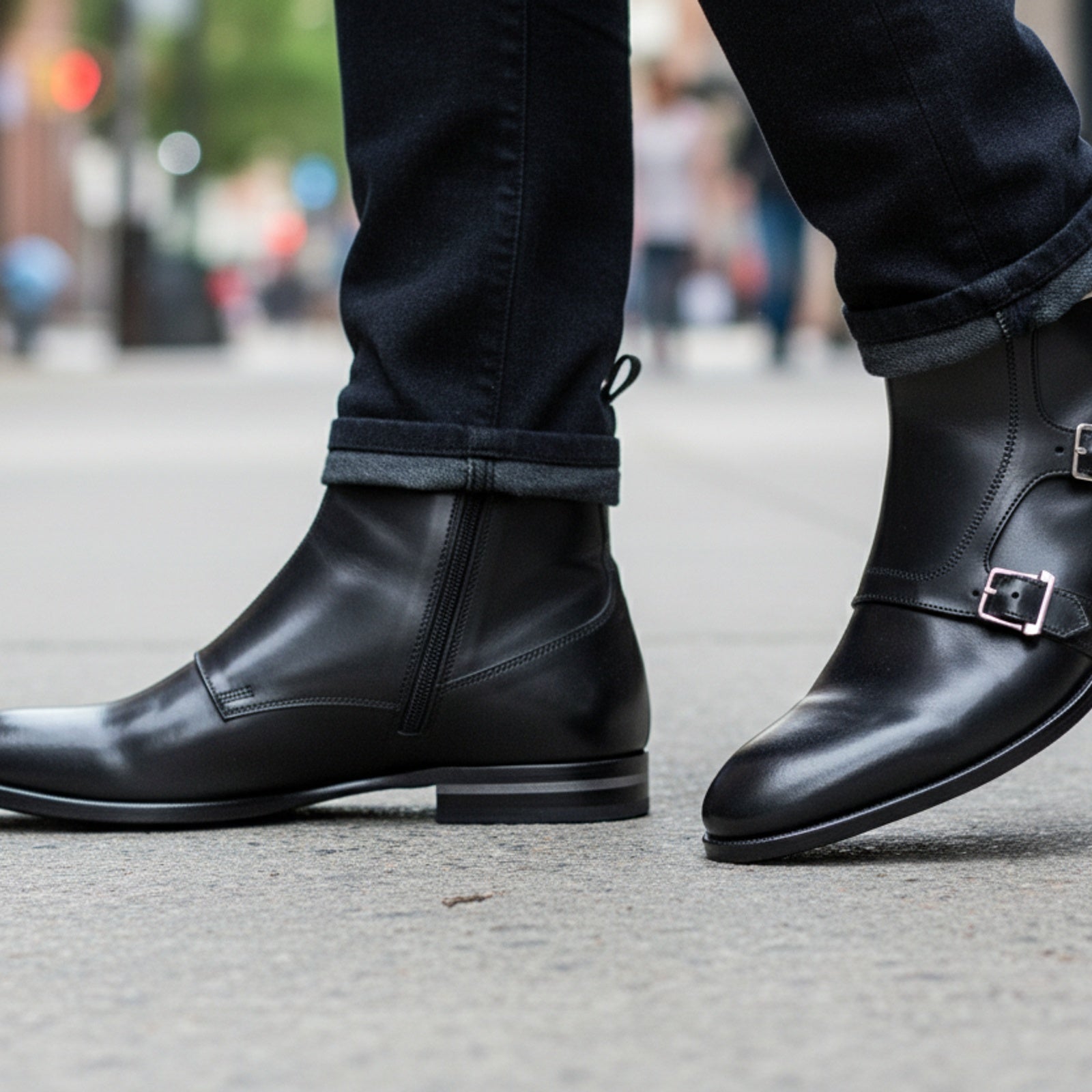 Men's Ankle High Leather Boots - model-walking-street