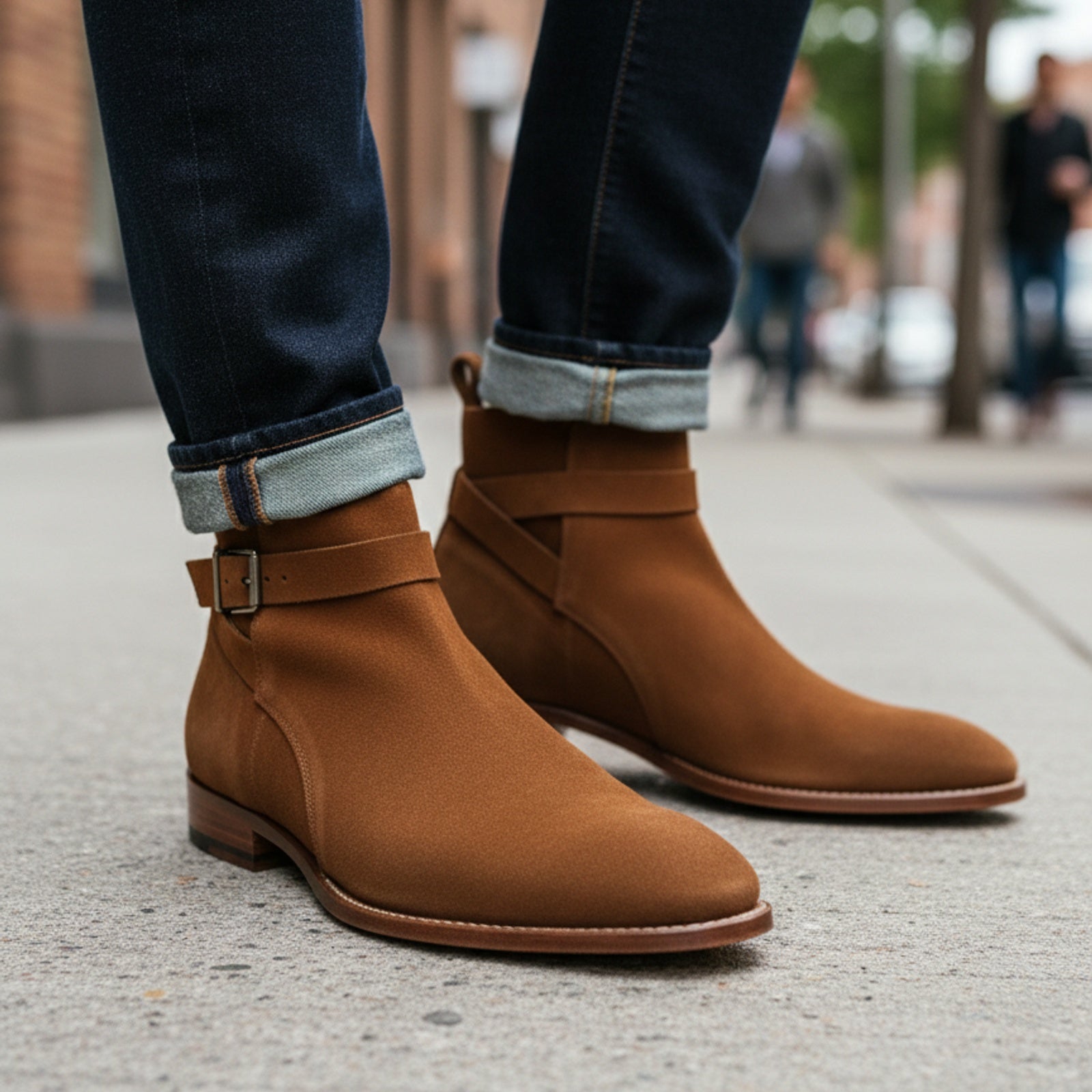 Men's Ankle High Suede Jodhpurs Boots in Tan Brown - model-walking-street