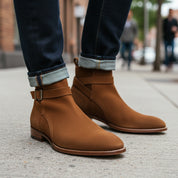 Men's Ankle High Suede Jodhpurs Boots in Tan Brown - model-walking-street