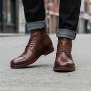 Men's Antique Brown Leather Ankle Boots with Side Zipper - model-walking-street