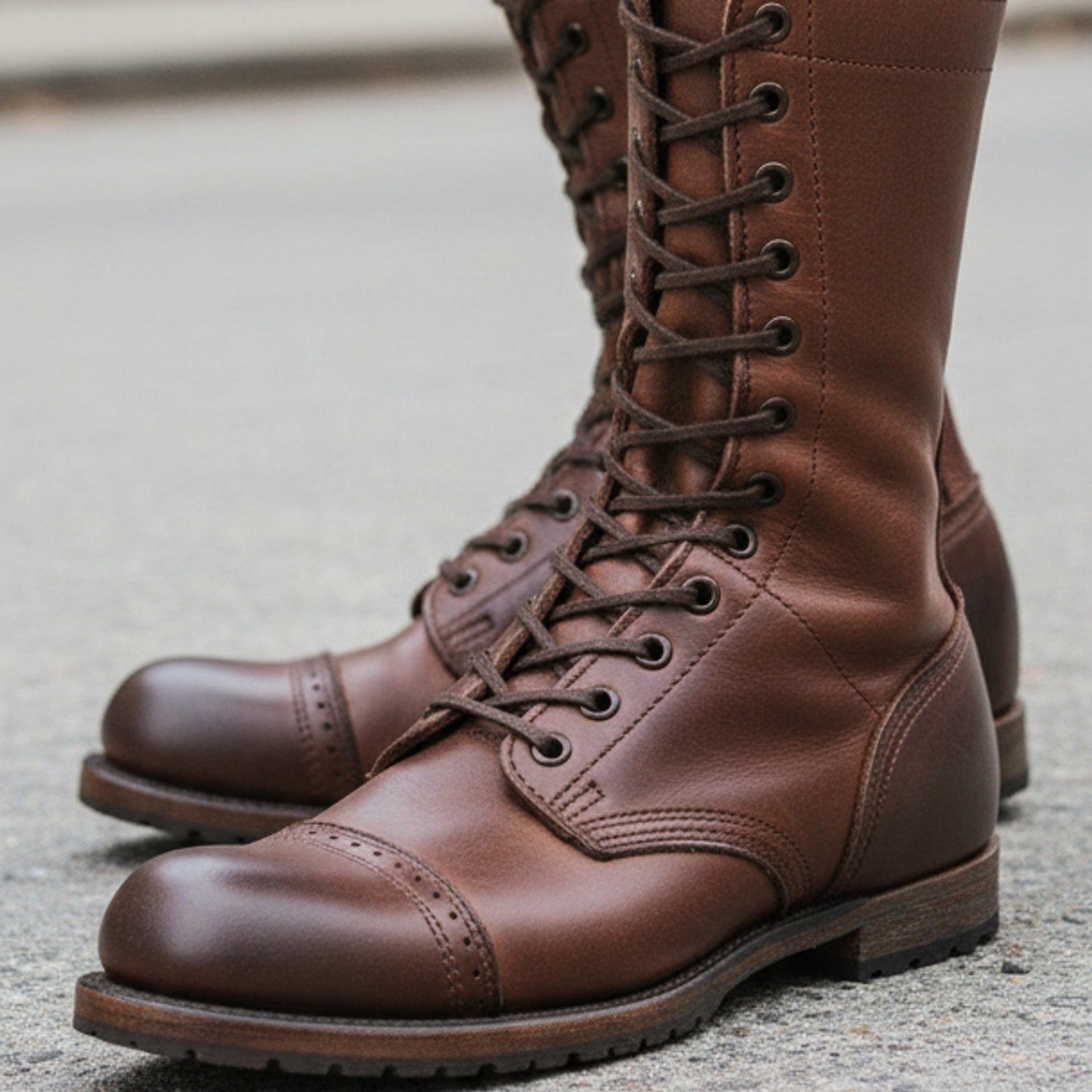 Men's Antique Brown Leather High Ankle Biker Boots - model-walking-street