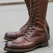Men's Antique Brown Leather High Ankle Biker Boots - model-walking-street