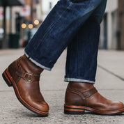 Men's Antique Brown Leather Motorcycle Boots - model-walking-street