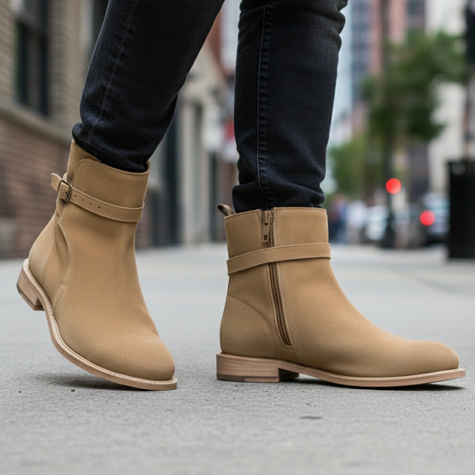 Men's Beige Suede Jodhpur Ankle Boots - Handmade Luxury Footwear - model-walking-street