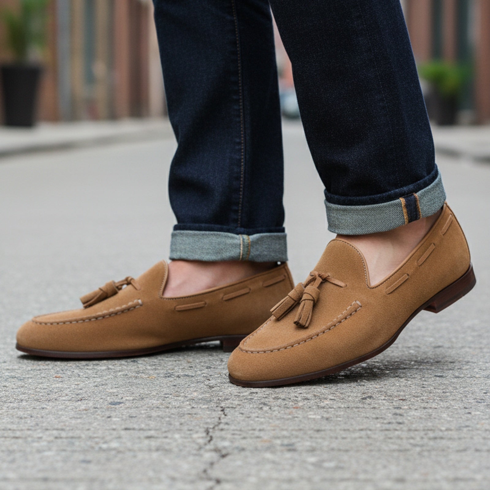 Men's Beige Suede Loafers - model-walking-street