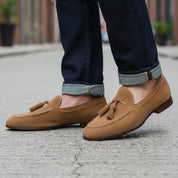 Men's Beige Suede Loafers - model-walking-street