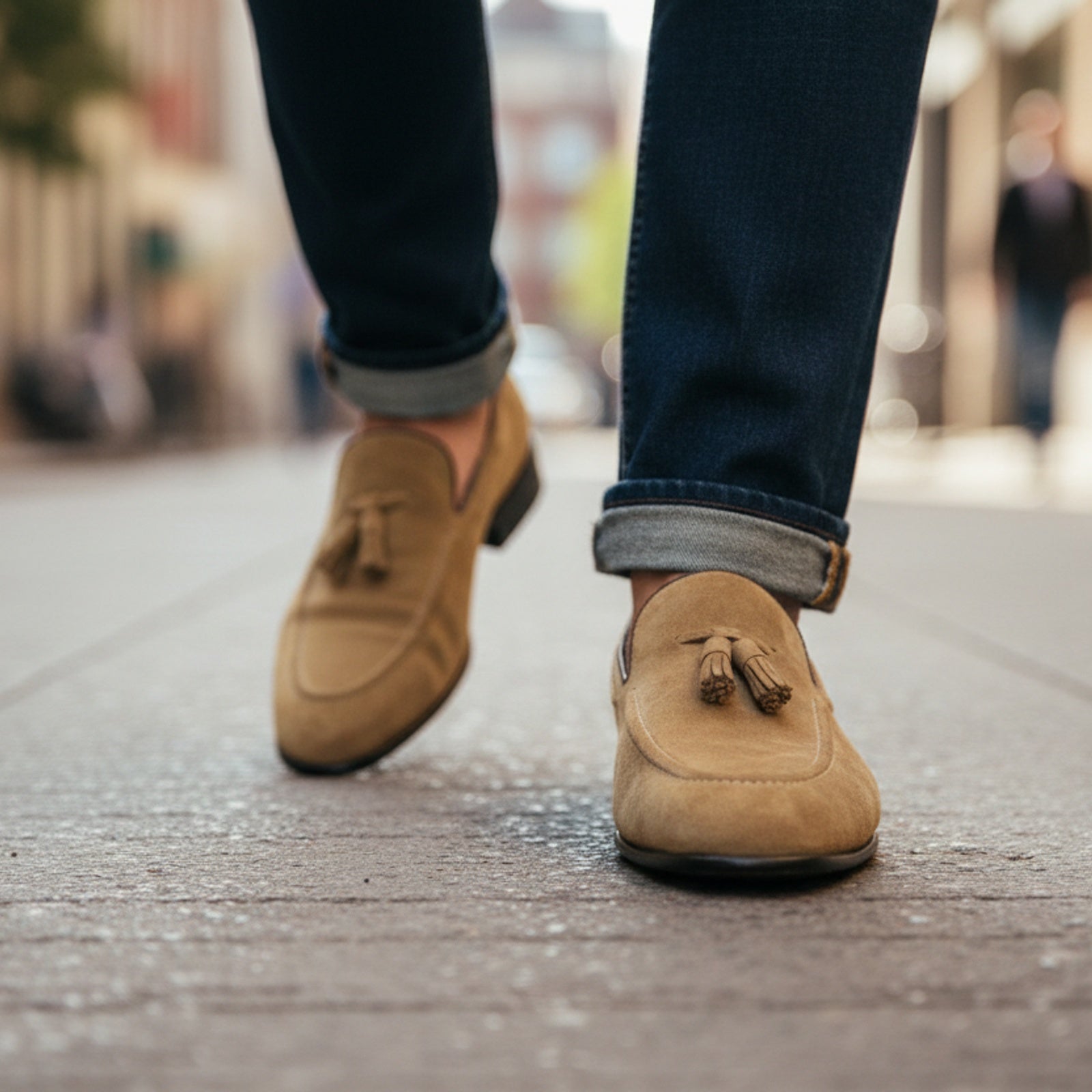 Men's Beige Suede Moccasins - model-walking-street