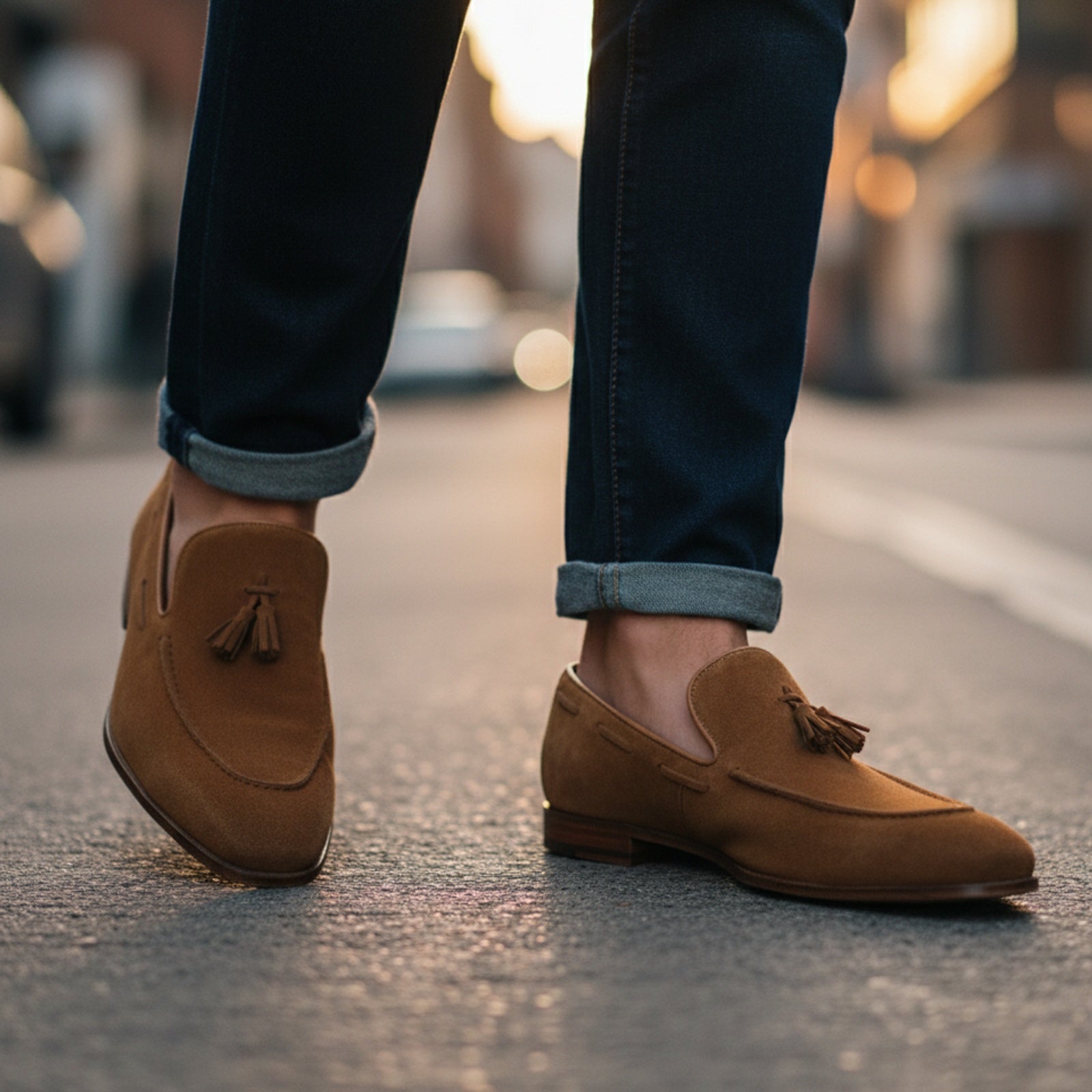 Men's Beige Tassel Moccasin Loafers - model-walking-street