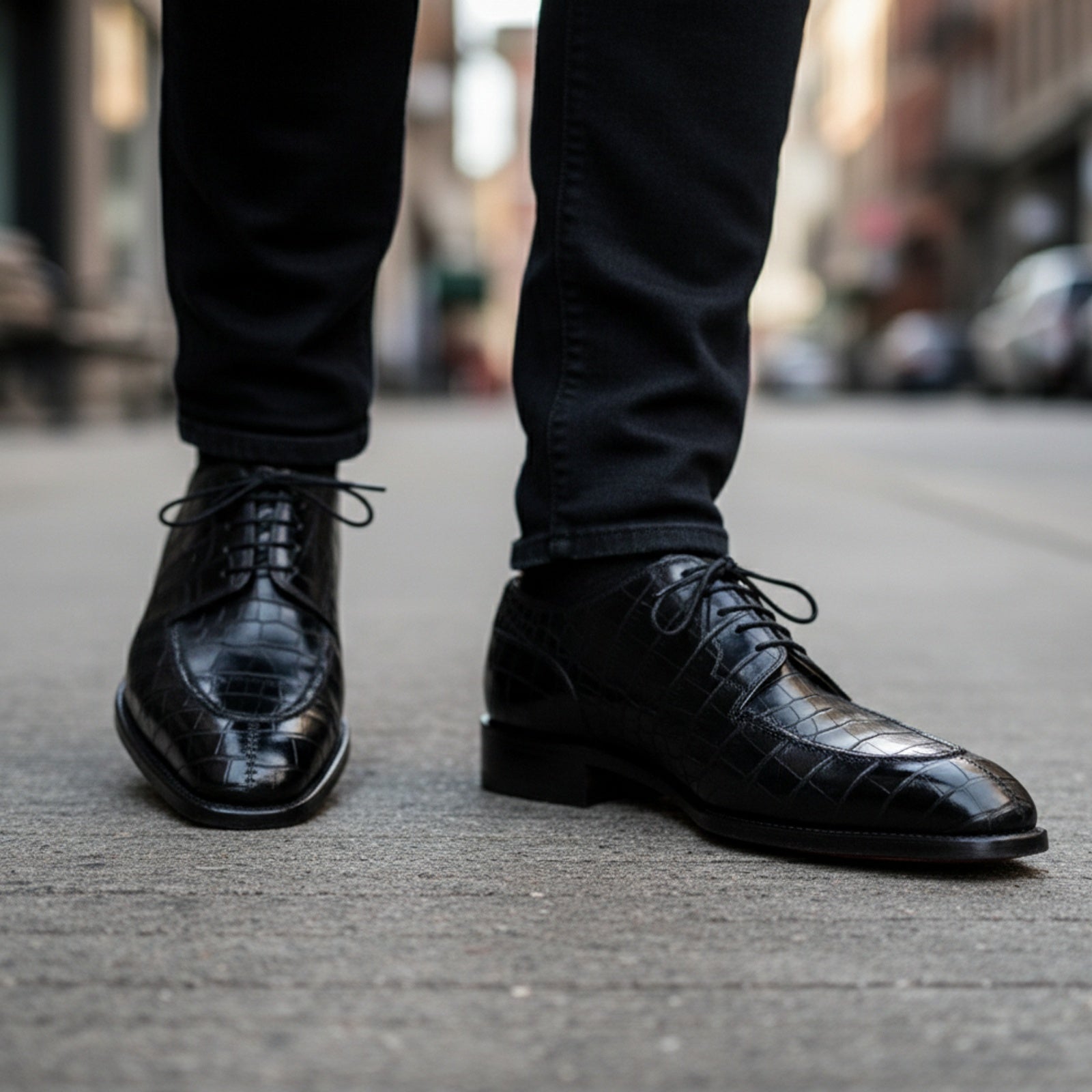 Men's Black Alligator Embossed Leather Dress Shoes - model-walking-street