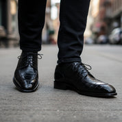 Men's Black Alligator Embossed Leather Dress Shoes - model-walking-street
