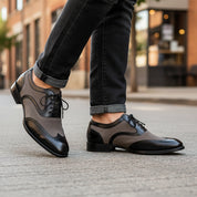 Men's Black and Gray Wingtip Brogue Tuxedo Dress Shoes - model-walking-street
