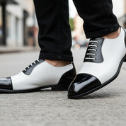 Men's Black and White Spectator Dress Shoes - model-walking-street