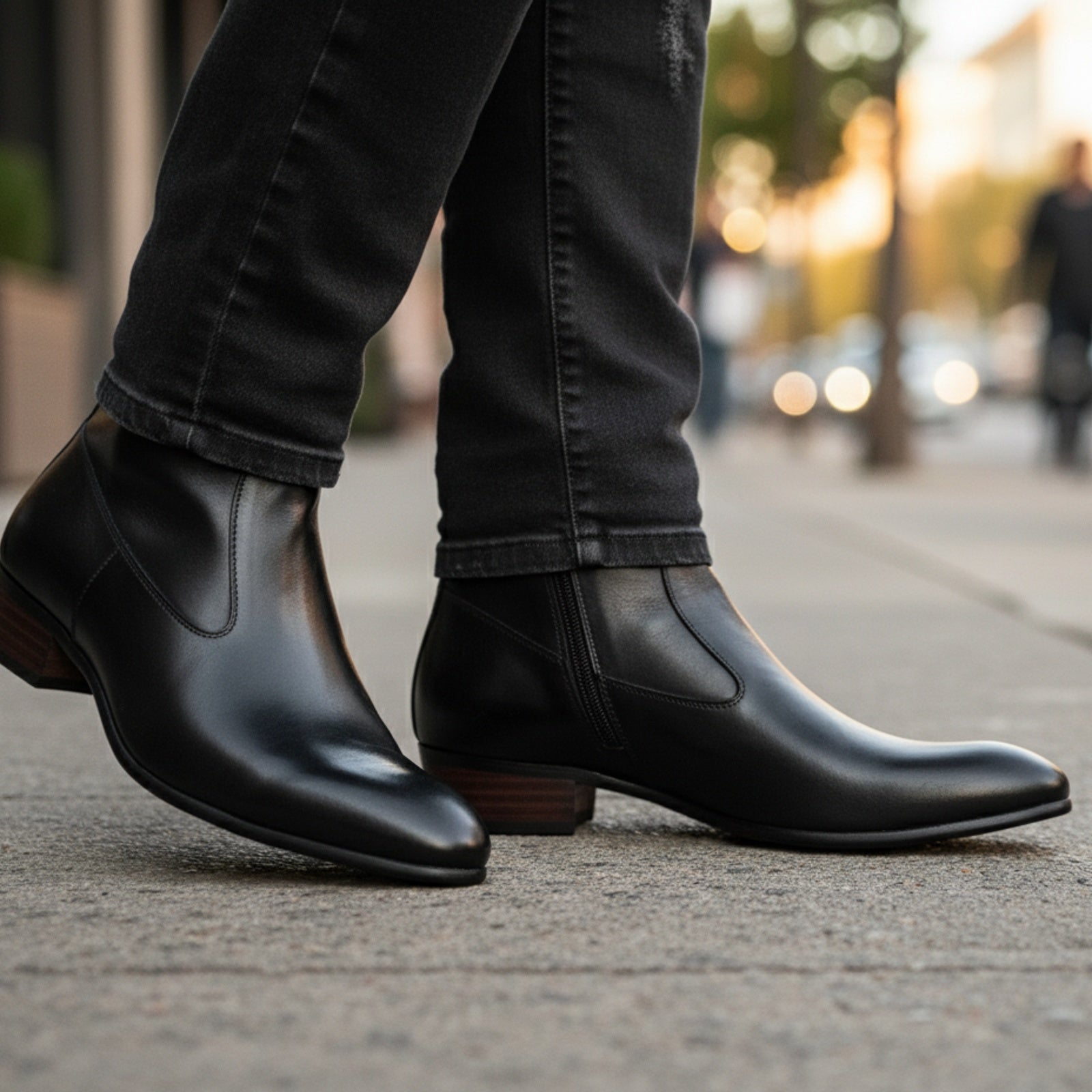 Men's Black Ankle Leather Boots with Side Zipper - model-walking-street