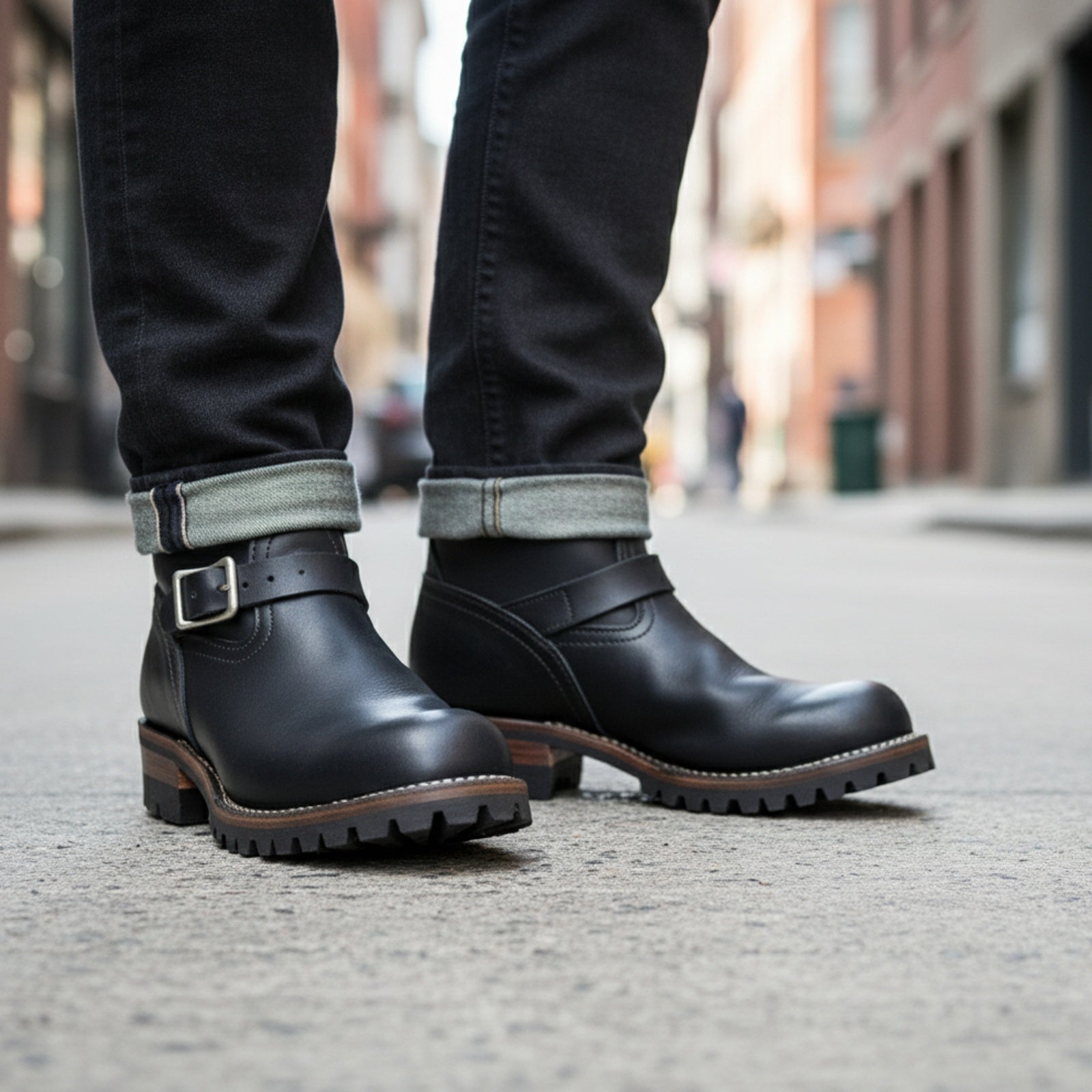 Men's Black Biker Leather Boots - model-walking-street