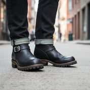 Men's Black Biker Leather Boots - model-walking-street