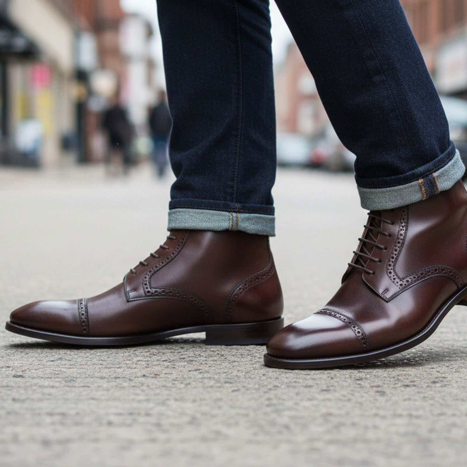 Men's Black Cap Toe Ankle Leather Lace-up Boots - model-walking-street