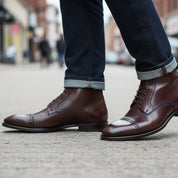 Men's Black Cap Toe Ankle Leather Lace-up Boots - model-walking-street