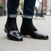 Men's Black Cap Toe Lace-Up Ankle Boots - model-walking-street