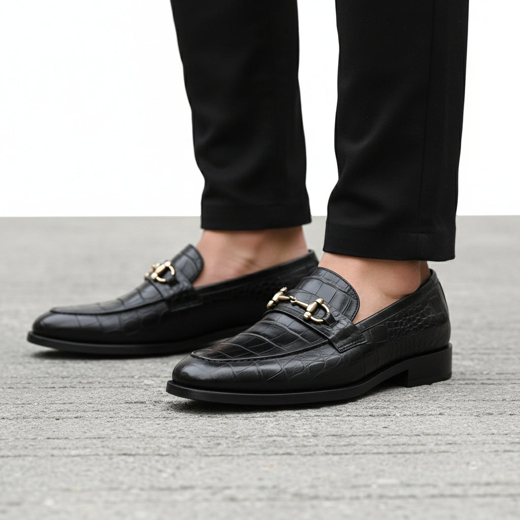 Men's Black Crocodile Embossed Leather Dress Shoes - model-walking-street