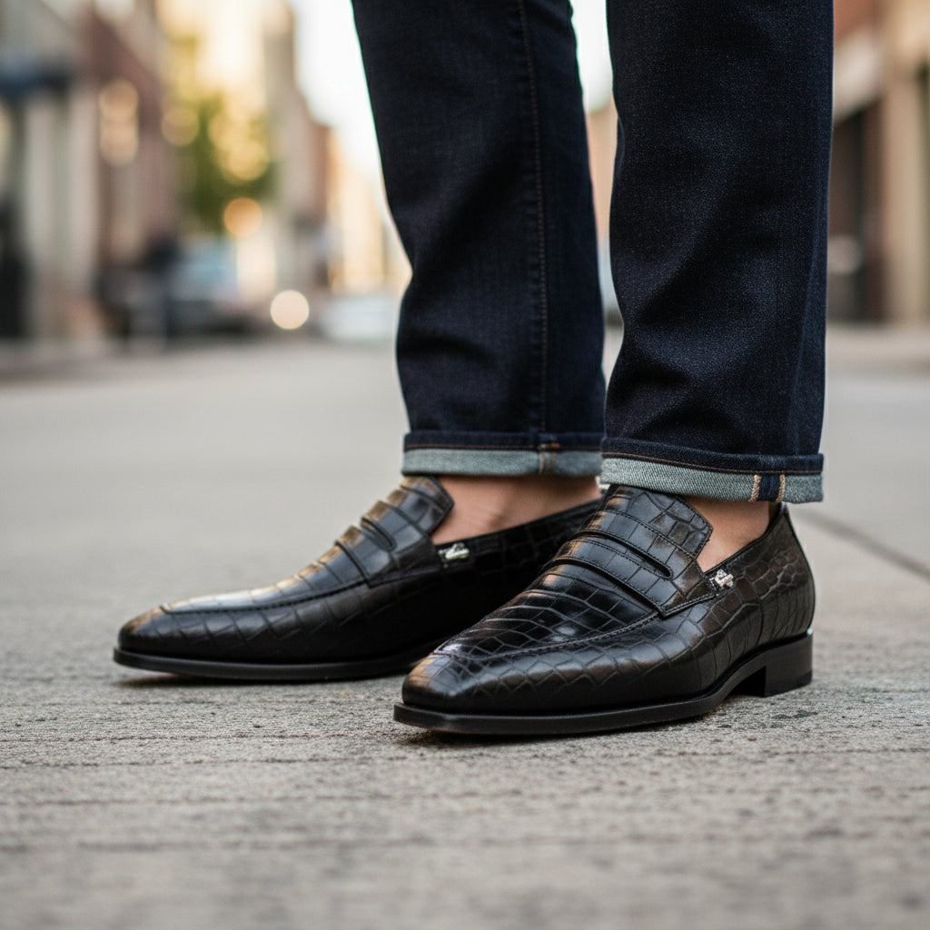 Men's Black Crocodile Embossed Leather Moccasins - model-walking-street