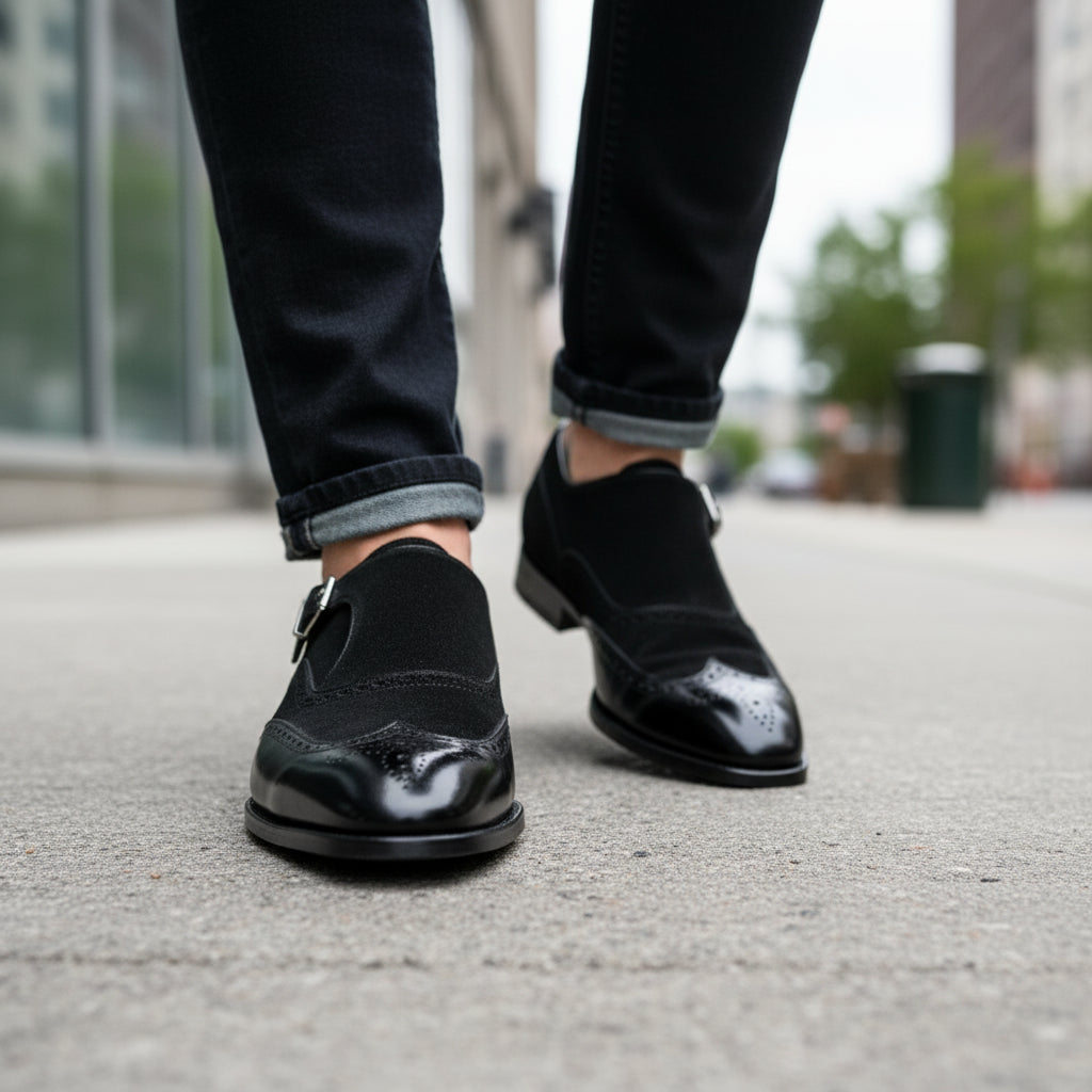 Men's Black Double-Buckle Monk Strap Leather and Suede Shoes - model-walking-street