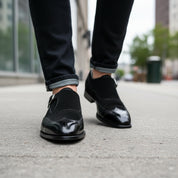 Men's Black Double-Buckle Monk Strap Leather and Suede Shoes - model-walking-street
