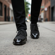 Men's Black Gray Moccasin Business Shoes, Real Leather Suede - model-walking-street