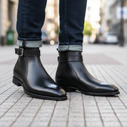 Men's Black High Ankle Leather Boots - model-walking-street