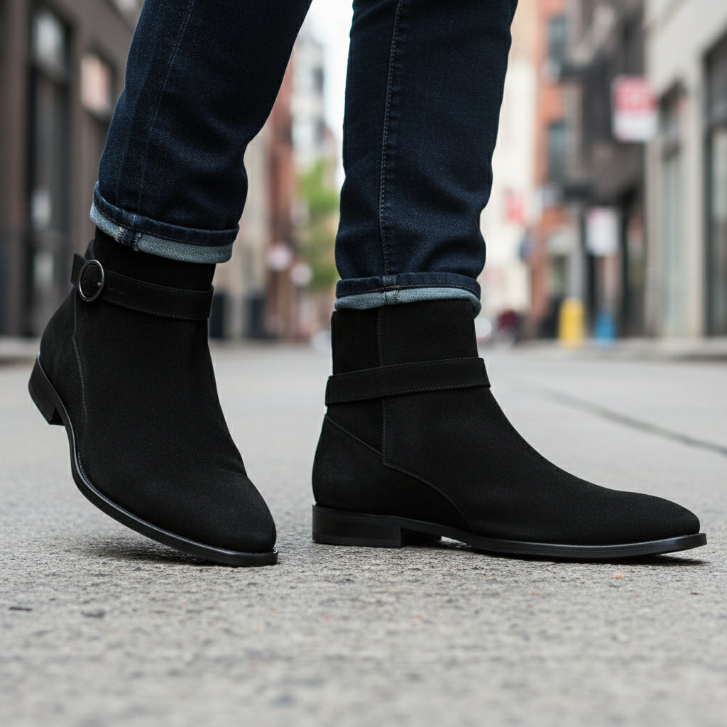 Men's Black Jodhpurs Ankle High Suede Boots - model-walking-street