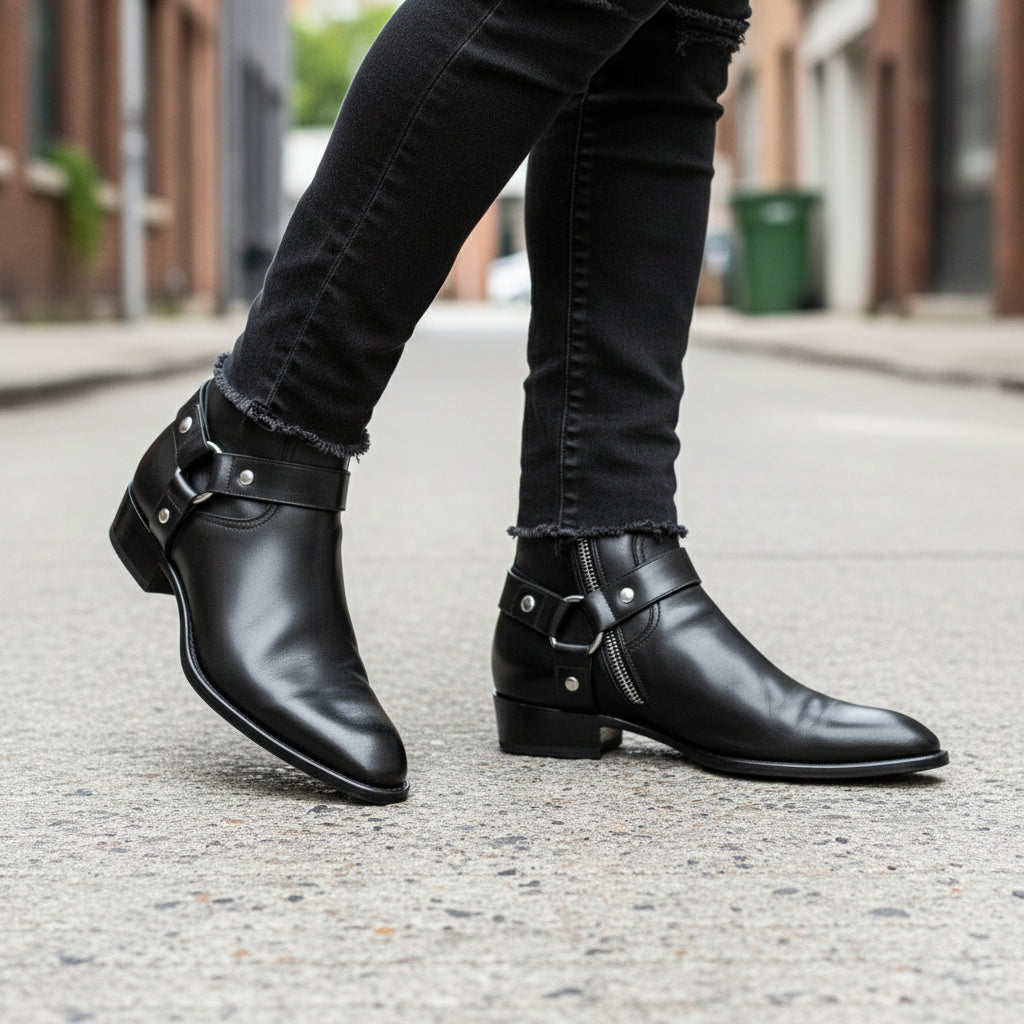 Men's Black Leather Ankle Boots with Side Zipper - model-walking-street