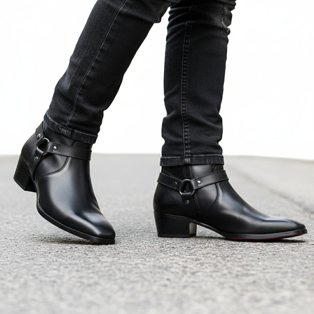 Men's Black Leather Ankle Designer Boots - model-walking-street