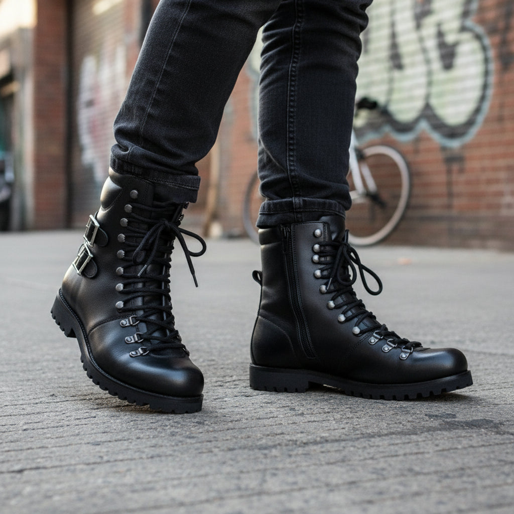 Men's Black Leather Biker Ankle Boots - model-walking-street