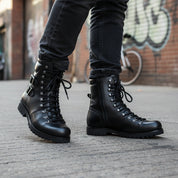 Men's Black Leather Biker Ankle Boots - model-walking-street