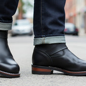 Men's Black Leather Biker Rider Boots - model-walking-street