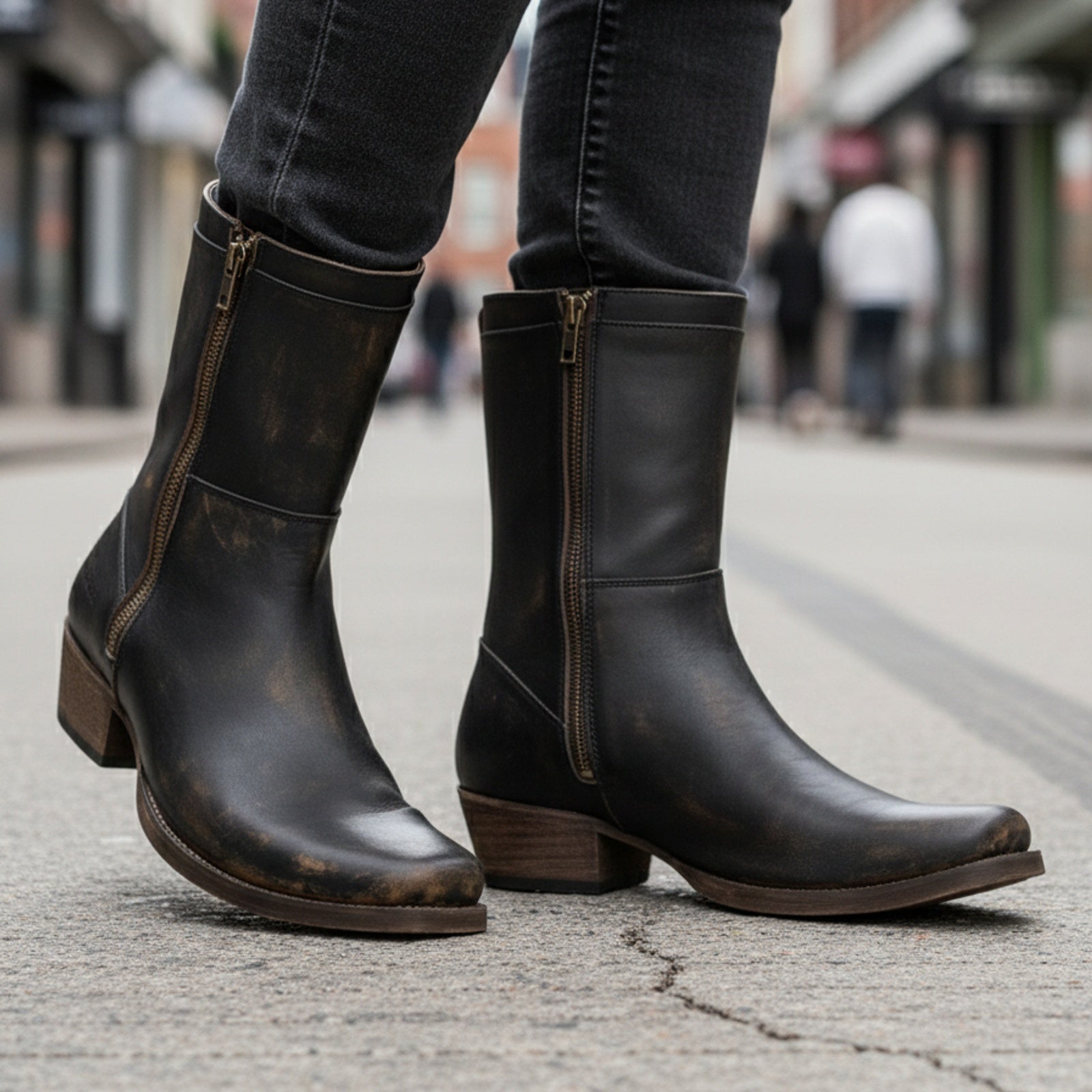 model-walking-street - Men's Black Leather Biking Boots