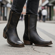 model-walking-street - Men's Black Leather Biking Boots