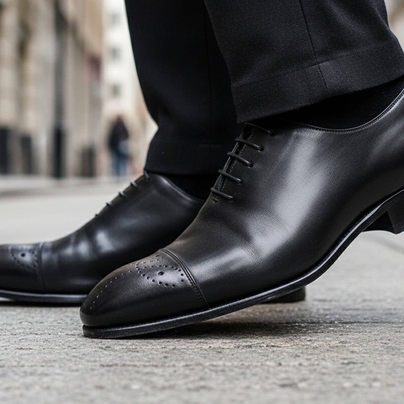 model-walking-street - Men's Black Leather Brogue Dress Shoes