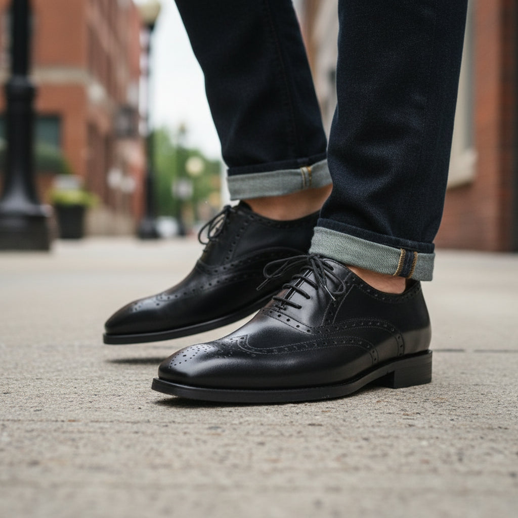 model-walking-street - Men's Black Leather Brogue Wingtip Dress Shoes