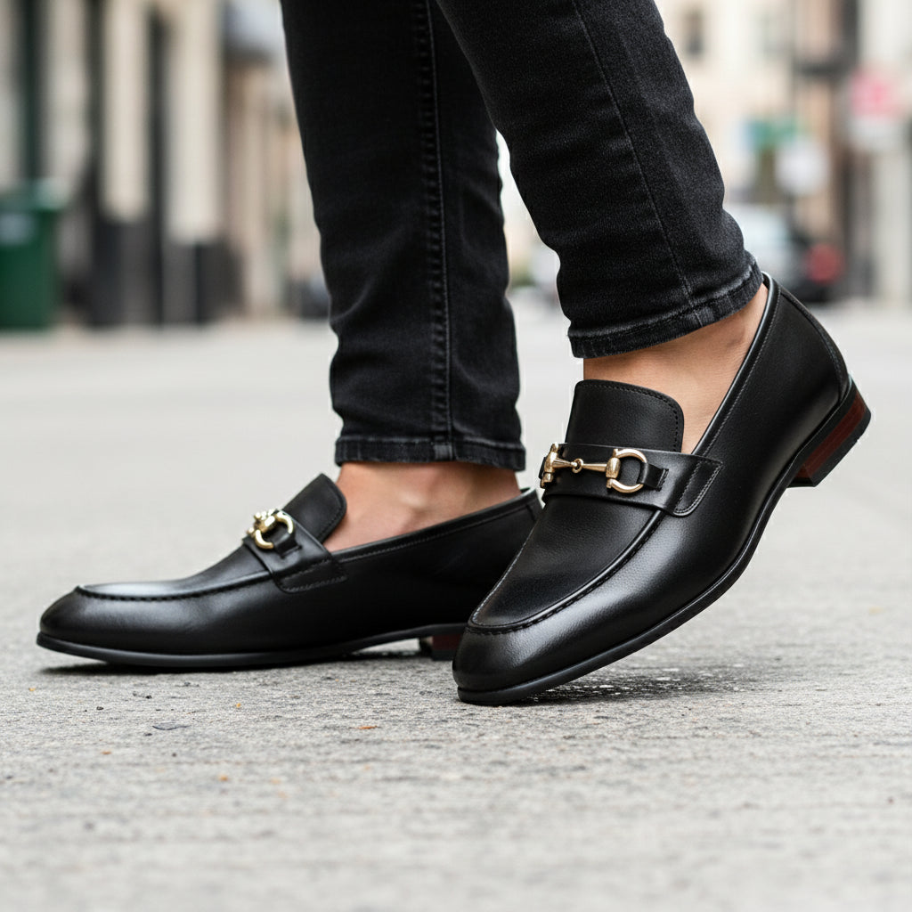 model-walking-street - Men's Black Leather Buckle Loafers