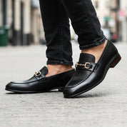 model-walking-street - Men's Black Leather Buckle Loafers