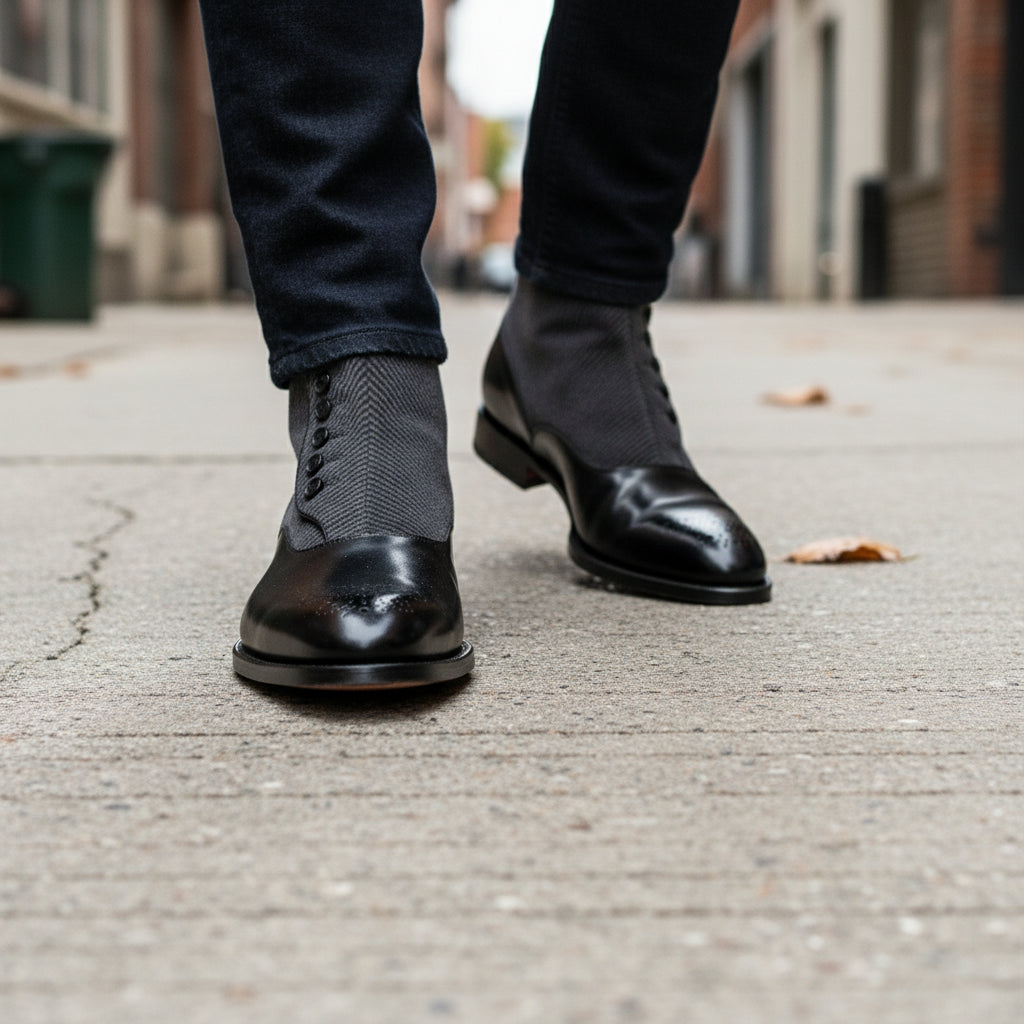 model-walking-street - Men's Black Leather Button Boots with Two-Toned Design