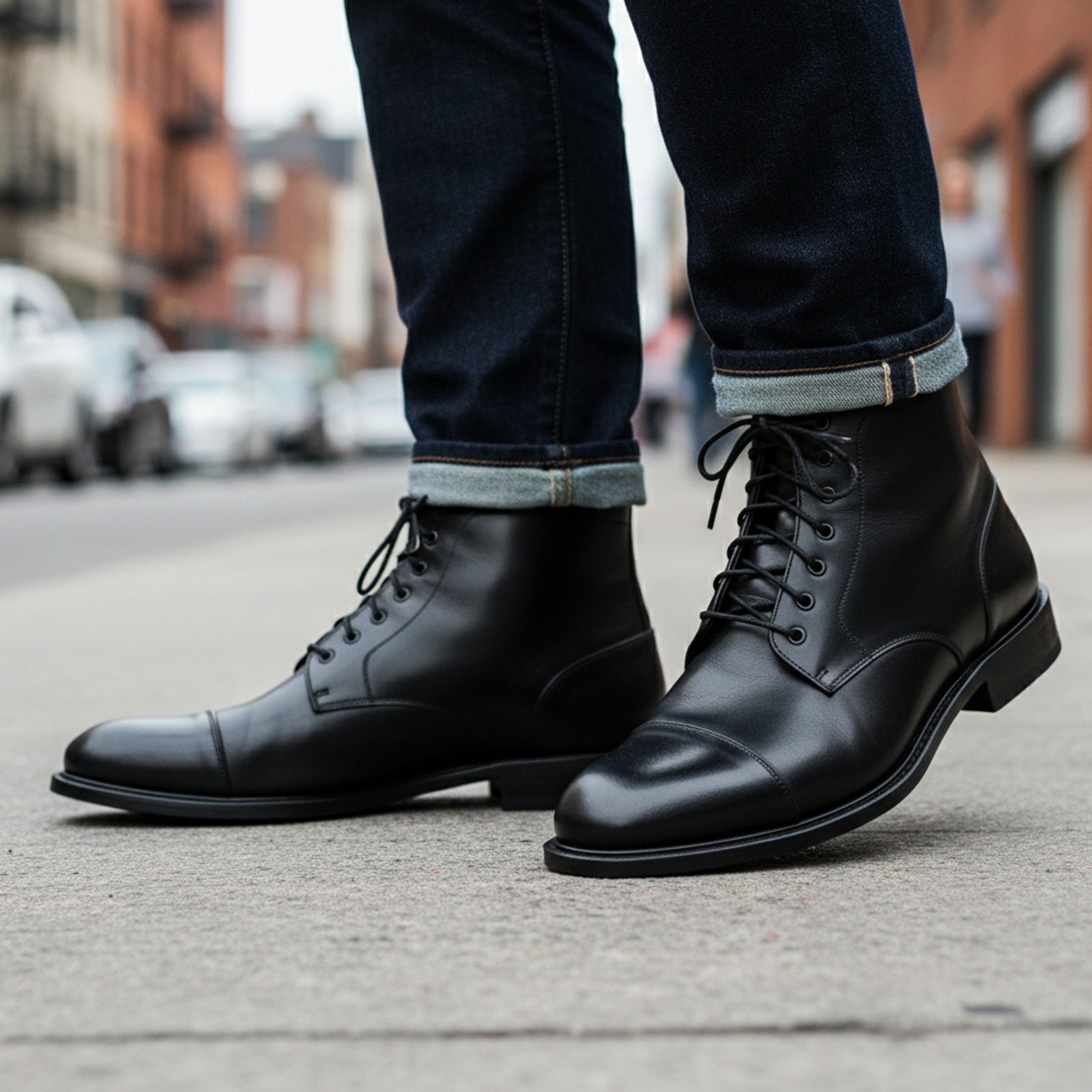 model-walking-street - Men's Black Leather Cap Toe Ankle Boots