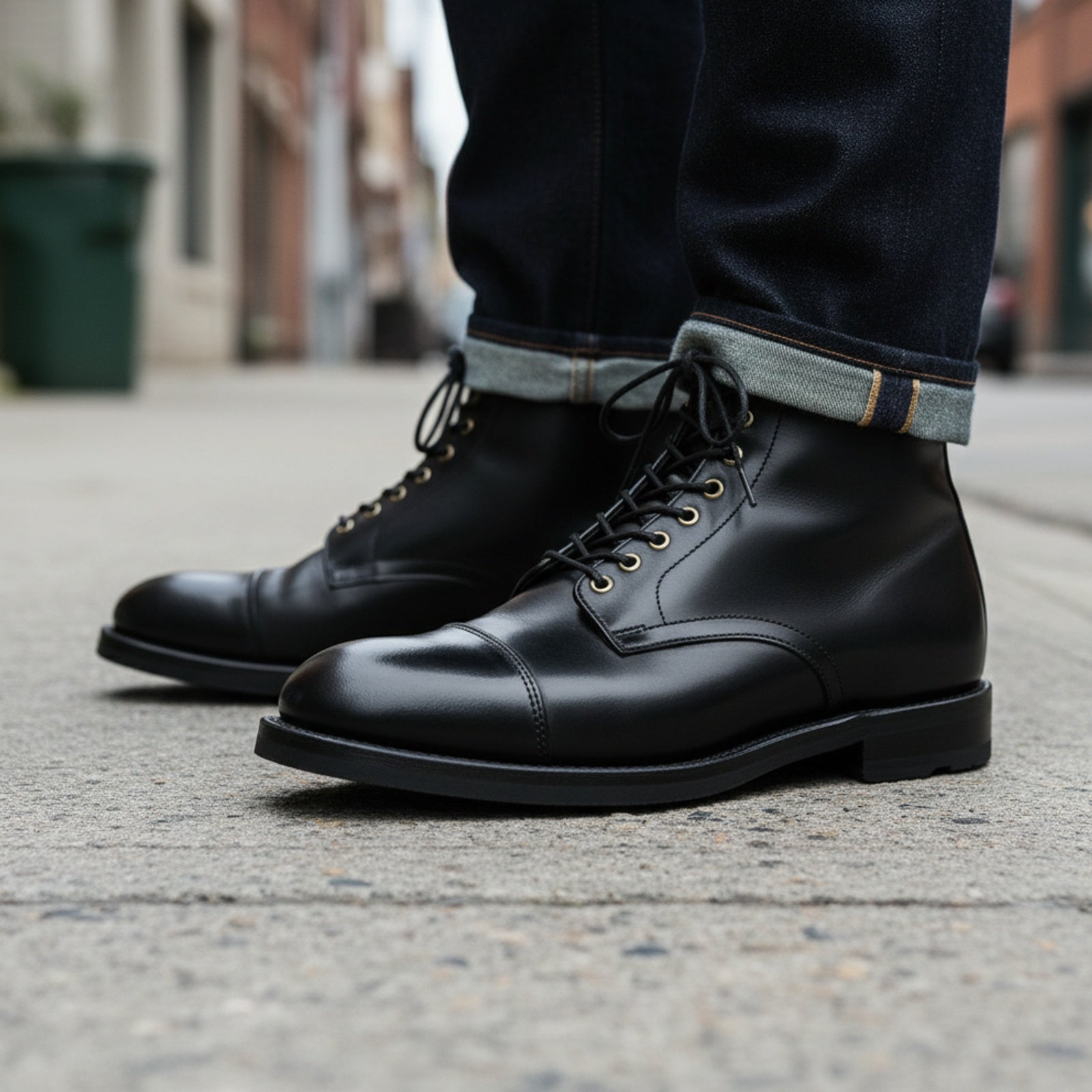 model-walking-street - Men's Black Leather Cap Toe Boots