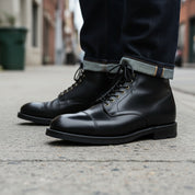 model-walking-street - Men's Black Leather Cap Toe Boots