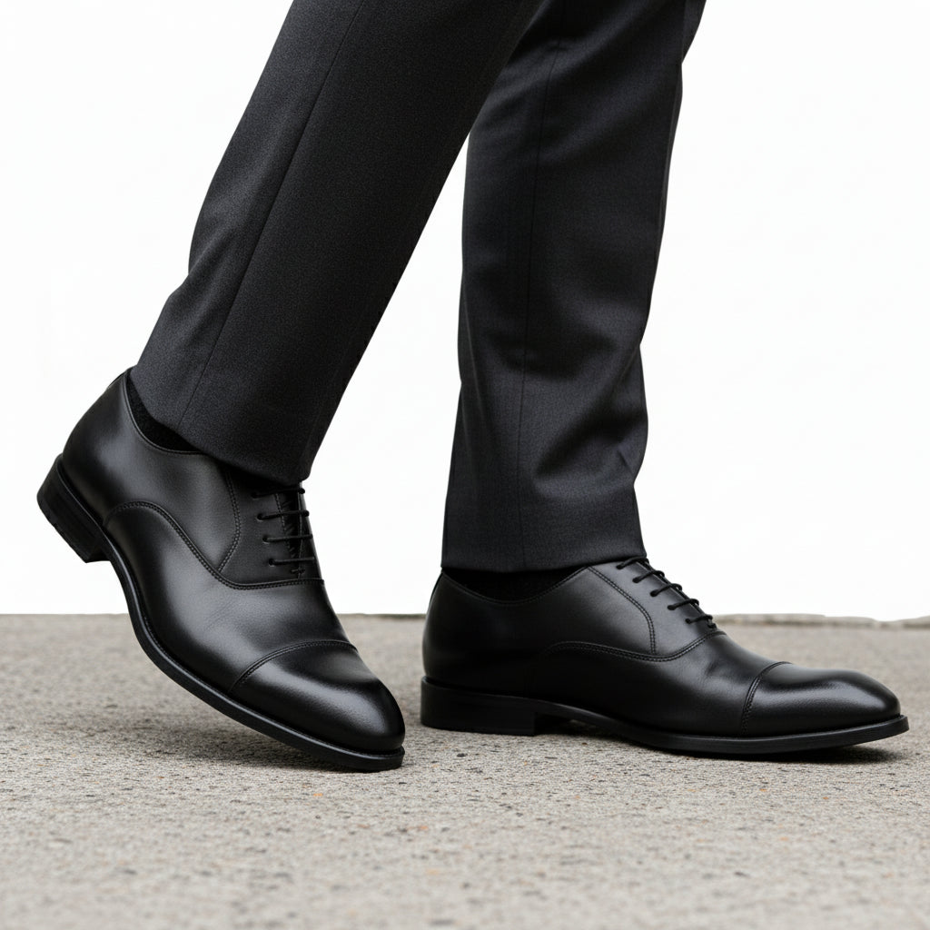 model-walking-street - Men's Black Leather Cap-Toe Derby Shoes