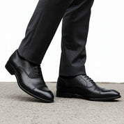 model-walking-street - Men's Black Leather Cap-Toe Derby Shoes
