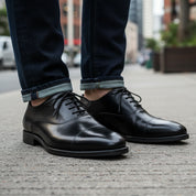 model-walking-street - Men's Black Leather Cap-Toe Dress Shoes