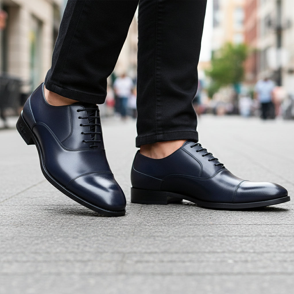 model-walking-street - Men's Black Leather Cap Toe Dress Shoes