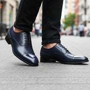 model-walking-street - Men's Black Leather Cap Toe Dress Shoes